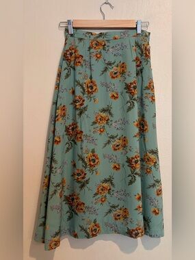 Sage and Burnt Orange Fall Floral A-Line Skirt, Boho Cottage Vibes, size S